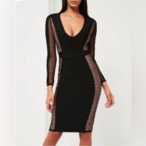 Peace + Love Fishnet Panel Bandage Midi Dress Black Long Sleeve US 4 (UK 8)